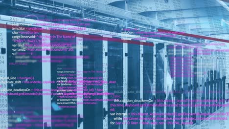 Animation-of-computer-language-over-connected-dots-on-server-racks-in-server-room