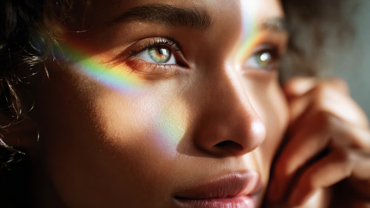 A mesmerizing close-up portrait of a woman with radiant green eyes illuminated by soft golden lighting and colorful rainbow reflections, capturing an ethereal moment of beauty and tranquility