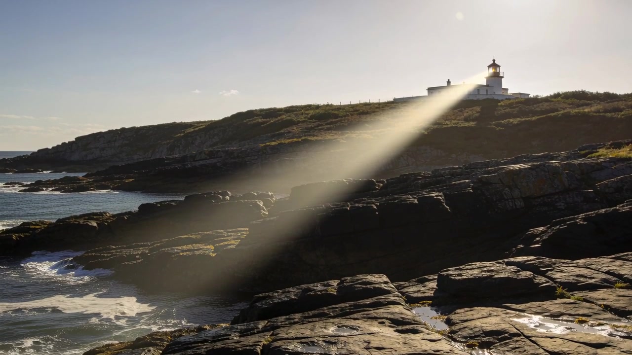 Lanterna di un faro che ruota, proiettando un fascio di luce sulla costa rocciosa di un promontorio erboso, guidando le navi.