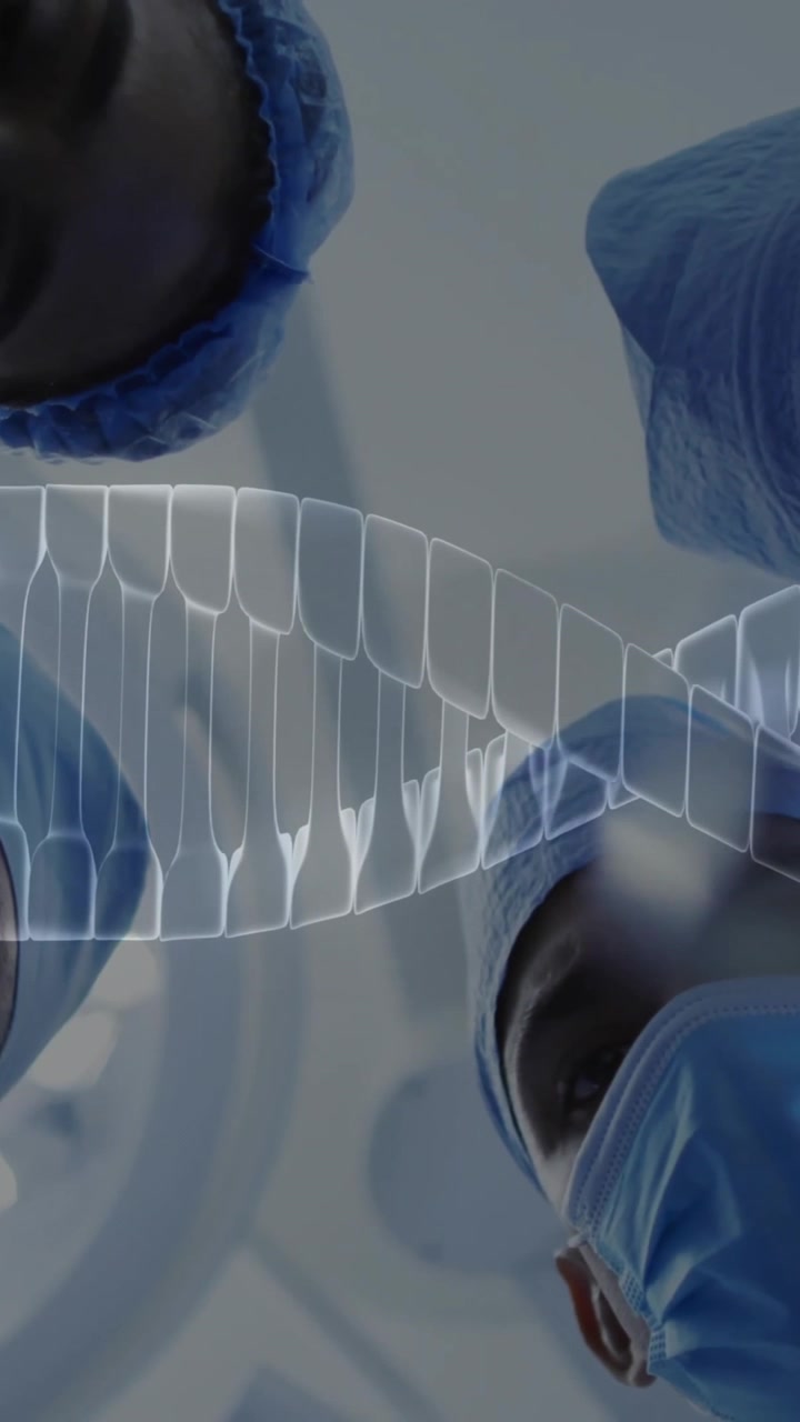 Animation of dna strand spinning over diverse suergeons