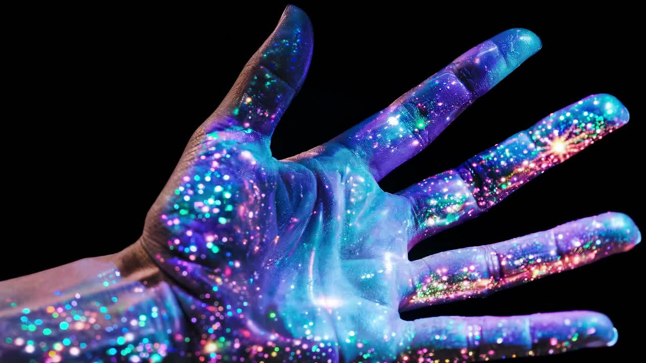 A close-up, low-angle shot of a hand with cosmic, glowing patterns, resembling a galaxy