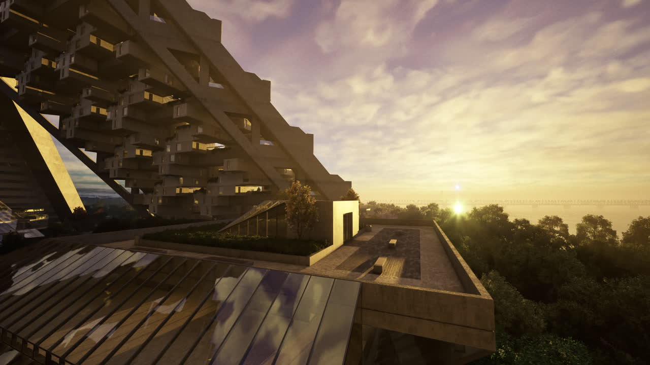 Modern architectural design showcases sunset over urban landscape
