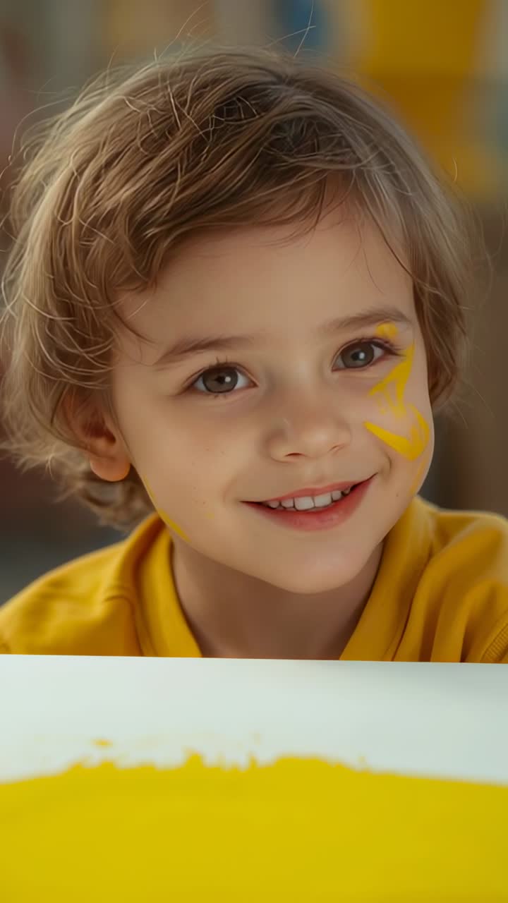 Vertical video: Beaming boy shifting gaze, fading smile at art table with yellow paint, cheek paint