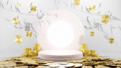 prosperity in bloom: golden coins and clover leaves surrounding a white circular display white background mockup