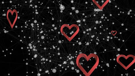animación de corazones flotando sobre conexiones en fondo negro