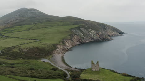 aerial view of the minard castle situated on the dingle peninsula in ireland