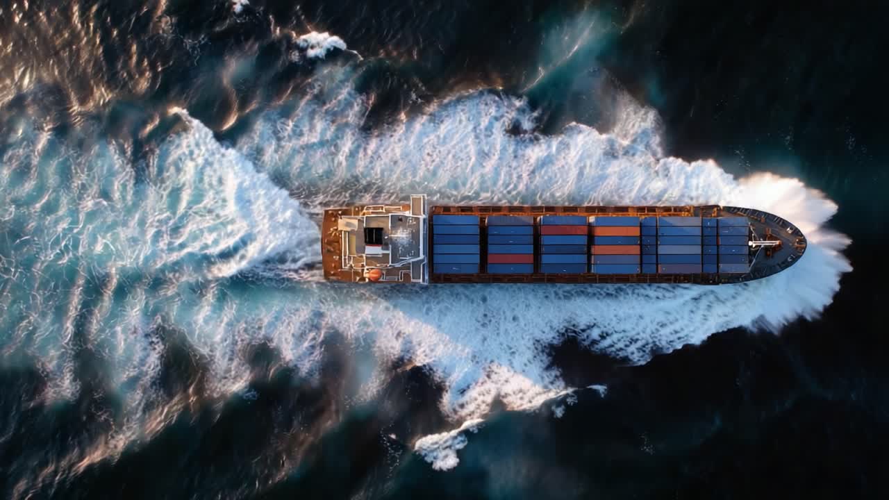 An aerial view of a massive cargo ship navigating through turbulent waters, showcasing its powerful engines and the vibrant wake created as it moves through the ocean’s surface