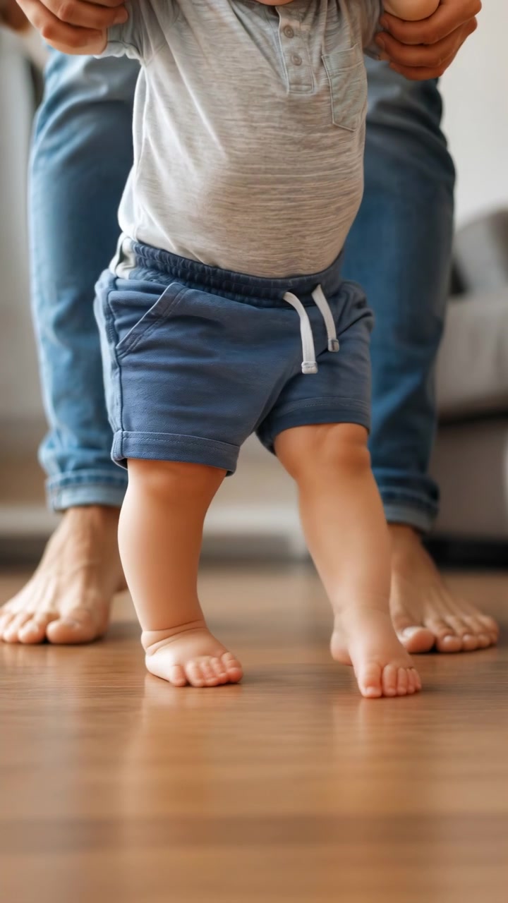 Toddler Taking First Steps On Wooden Floor, Parent Holding Hands Behind, Barefoot Infant In Blue Shorts