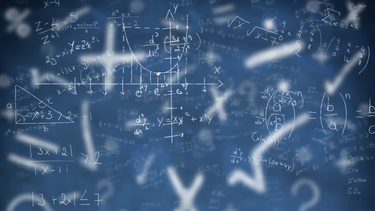 animación digital de diagramas y ecuaciones matemáticas contra símbolos en fondo azul
