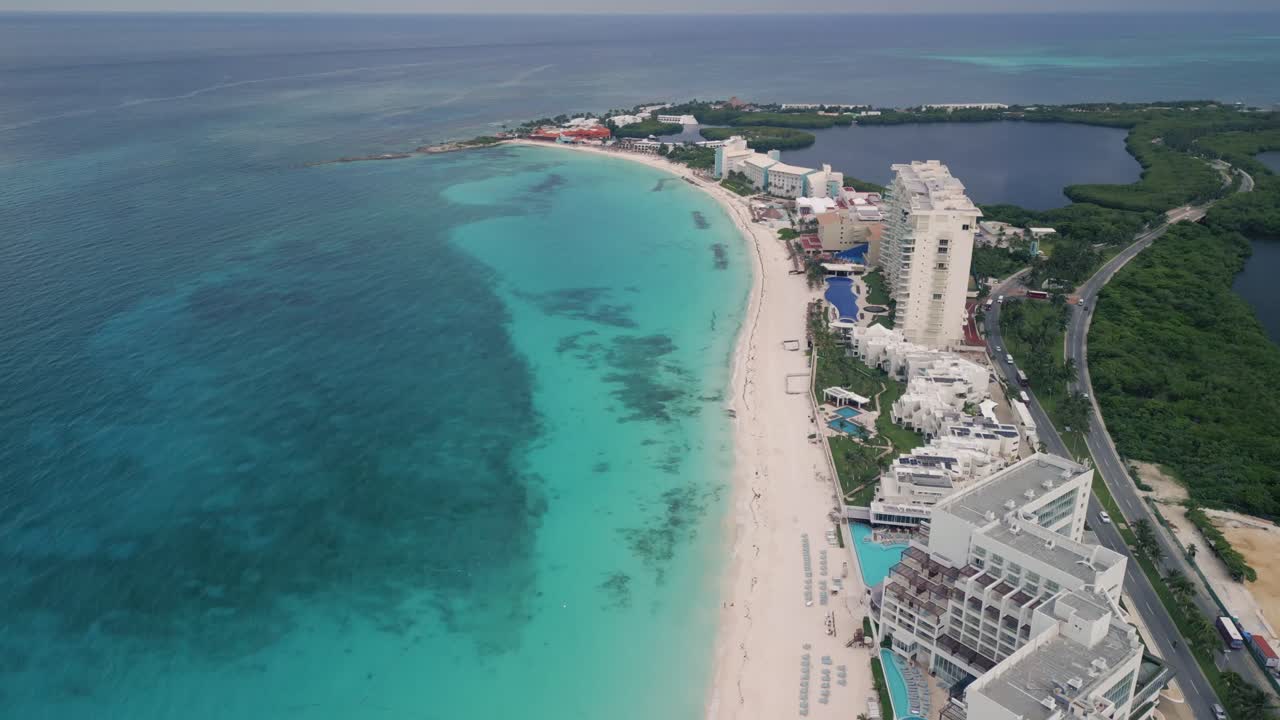 Aerial high angle of Cancun Mexico Riviera Maya Hotel zone blue clean ocean in Caribbean Sea