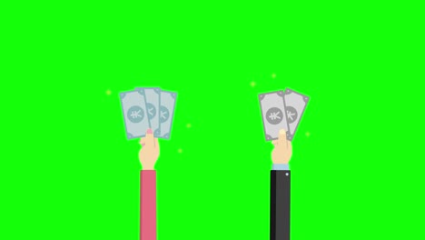 cartoon 4k animation of falling money and hands of people trying to catch money. in the end, they got a lot of money. green background for chroma key use.