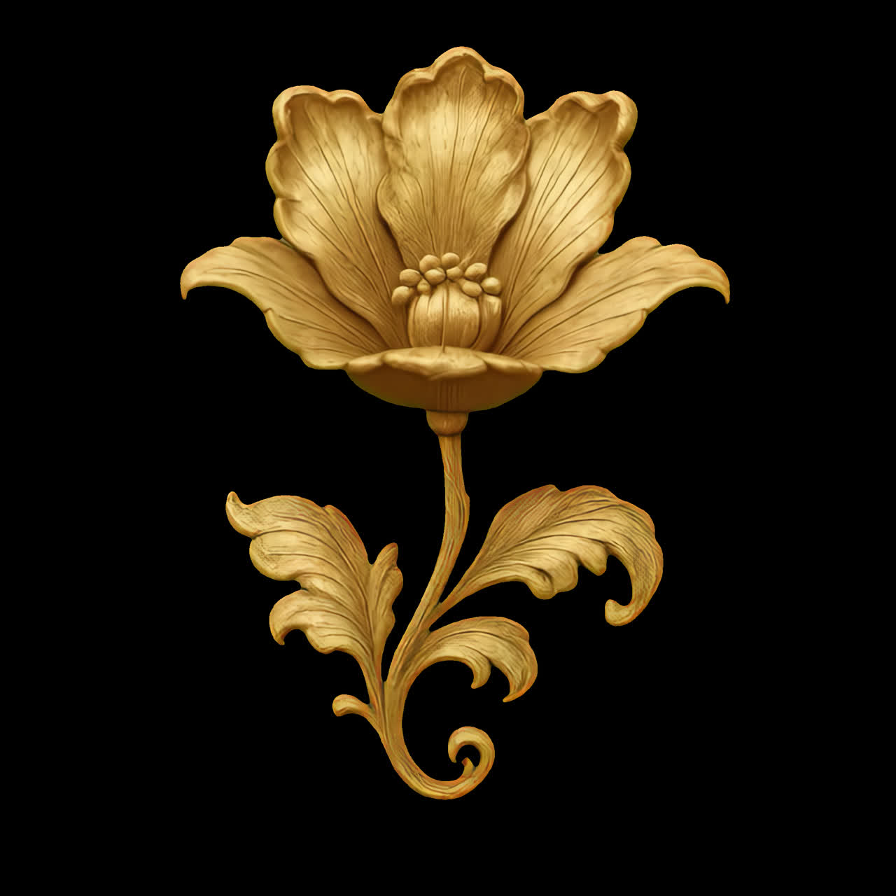 Elegant golden floral ornament animation isolated asset, transparent 4K video, alpha channel, ProRes