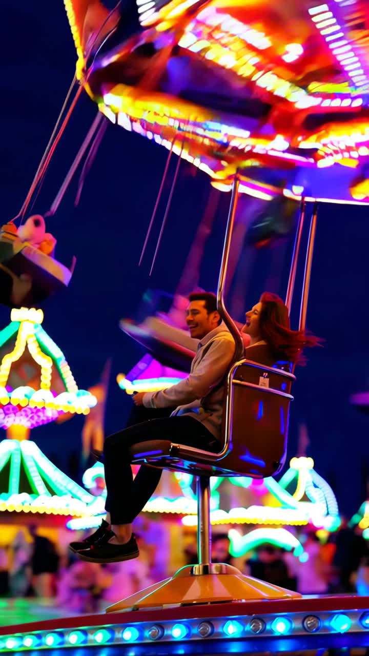 Couple enjoying a colorful swing ride at a night fair