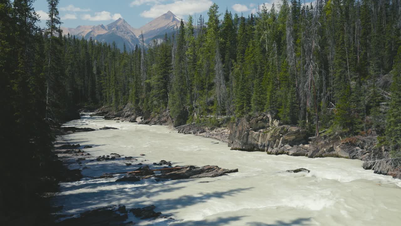 el impresionante paisaje del parque nacional yoho en canadá con un pequeño río y enormes montañas en el fondo, un cielo claro y la cordillera de las montañas rocosas en el día de verano