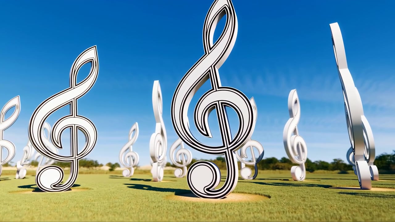 Reflekterende musiknotskulpturer rejser sig fra en grøn åben mark, med en høj g-nøgleform i forgrunden og mindre noder, der forsvinder i det fjerne.
