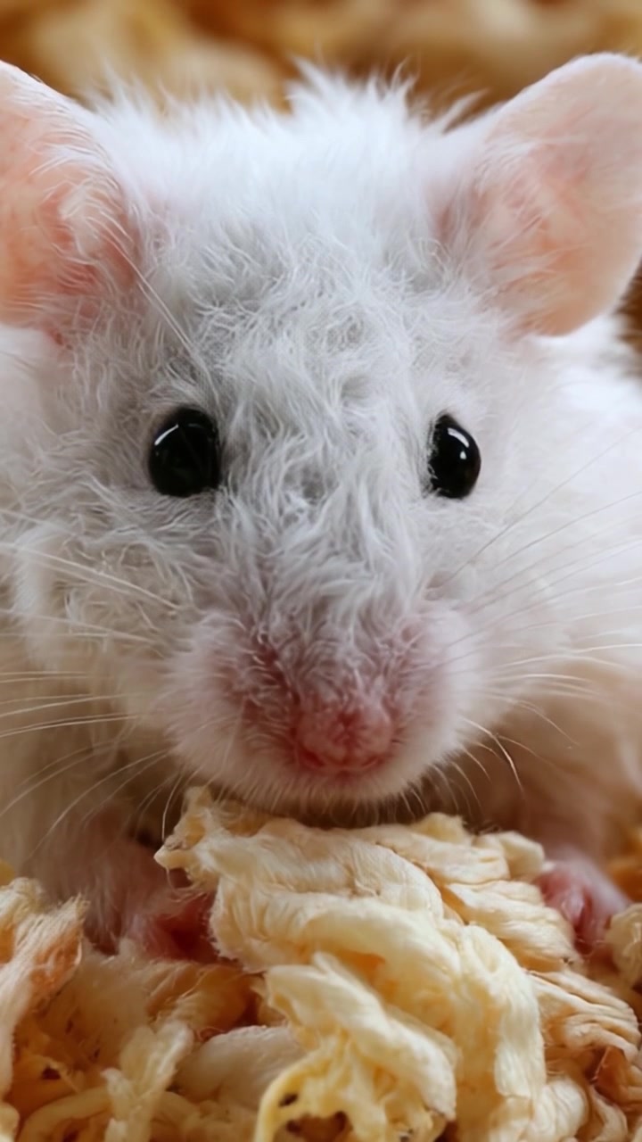 Primo piano di un criceto bianco circondato da morbida lettiera: Catturando gli affascinanti dettagli delle caratteristiche e della consistenza di un piccolo roditore