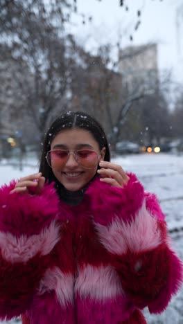 mujer con un abrigo de piel falsa rosa en la nieve
