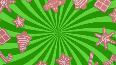 Animation-of-christmas-gingerbread-cookies-over-snowflakes-falling-on-green-stripes-background