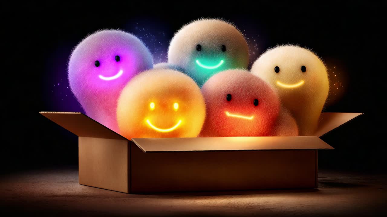 A Whimsical Collection of Colorful, Smiling Characters with Soft Textures Emerging from a Box, Radiating Joy and Playfulness in a Captivating Animated Scene