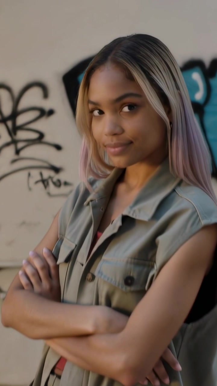 Vídeo vertical: Câmera subindo mostrando mulher posando perto de parede de grafite, vestindo colete utilitário para a sessão de fotos