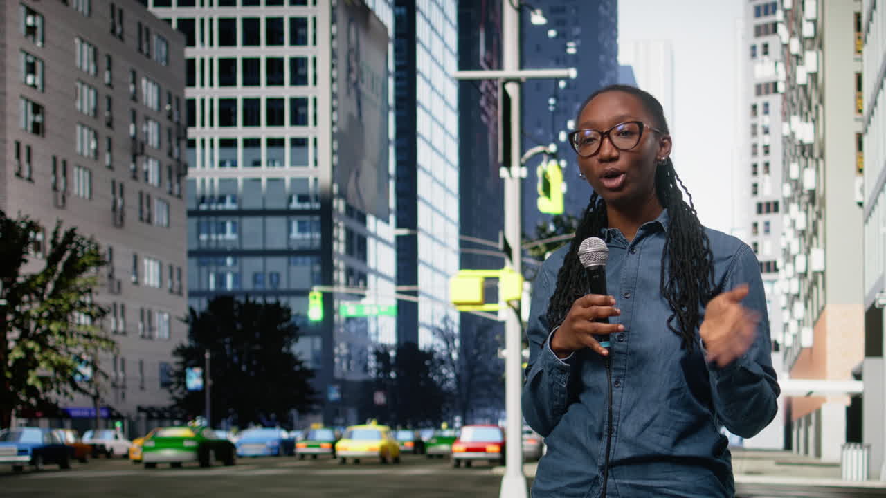 Intervieweur de rue afro-américain utilisant un micro pour questionner des piétons dans une zone métropolitaine.
