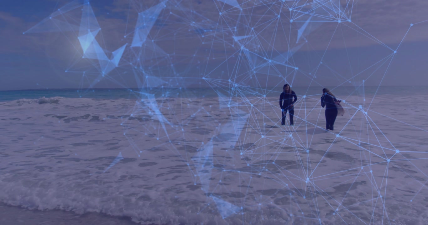 Two companions standing in surf, overlay appearing over them, visualizing technology network