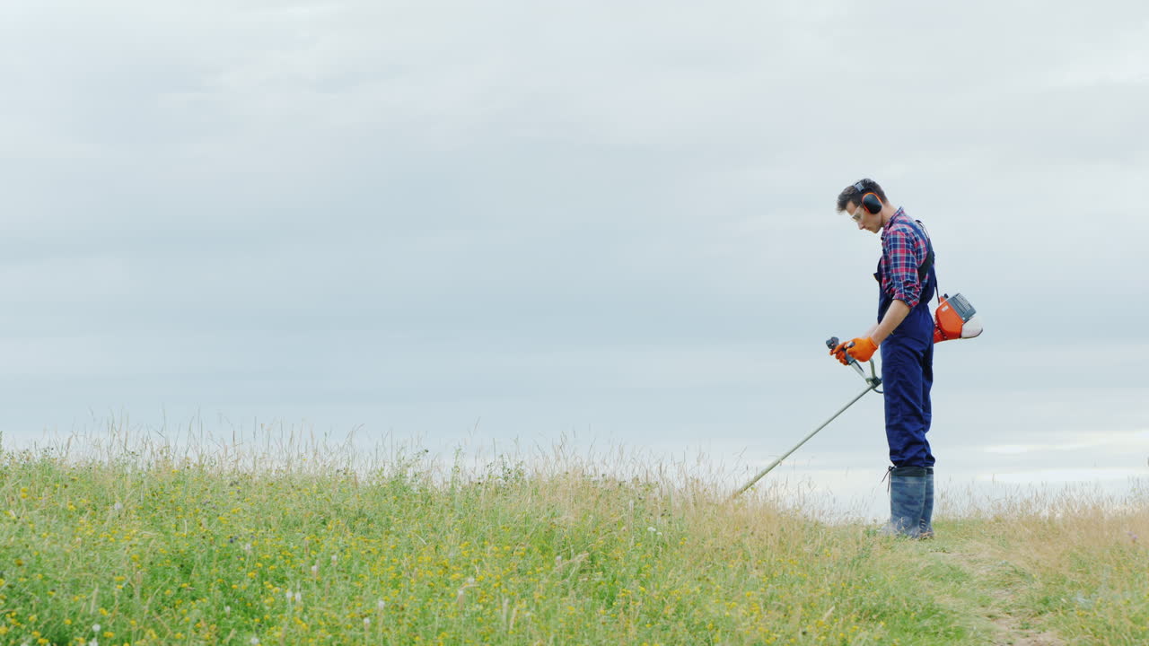 그림 같은 초원에서 트리머로 잔디를 깎고 있는 청년
