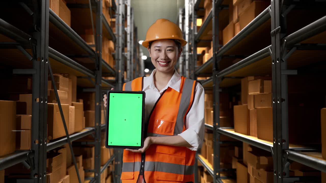 trabajador de almacén que presenta una tableta de pantalla verde