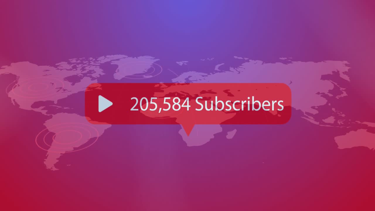 Animation of increasing subscribers on speech bubble over world map on purple gradient background