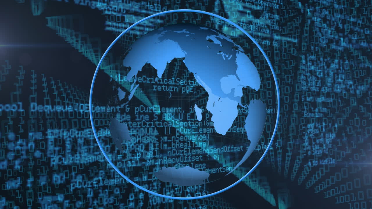 Digital animation of globe spinning against binary coding data processing on blue background