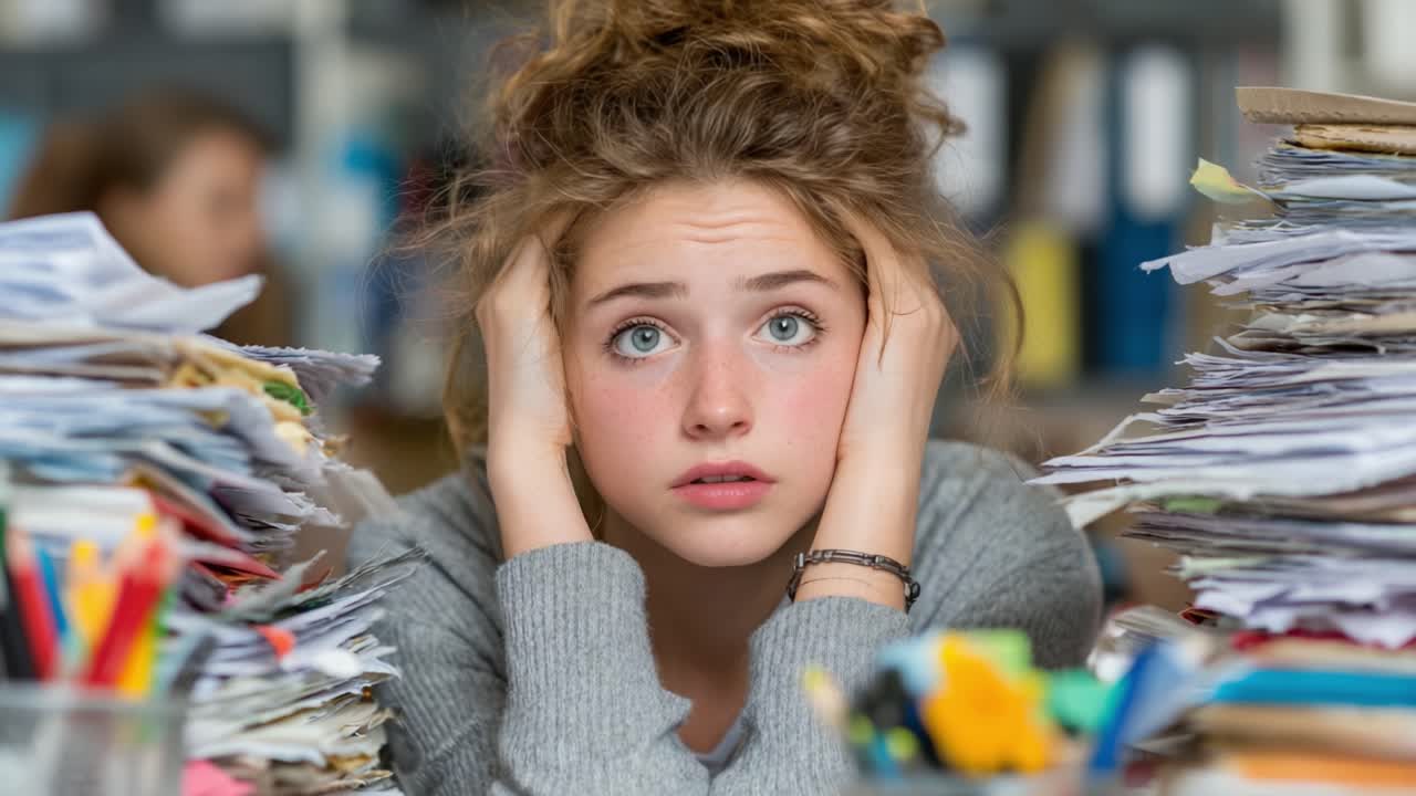 A Frustrated Student Overwhelmed by Paperwork and Chaos in the Study Environment, Feeling Overloaded with Responsibilities and Stress from the Academic Burden