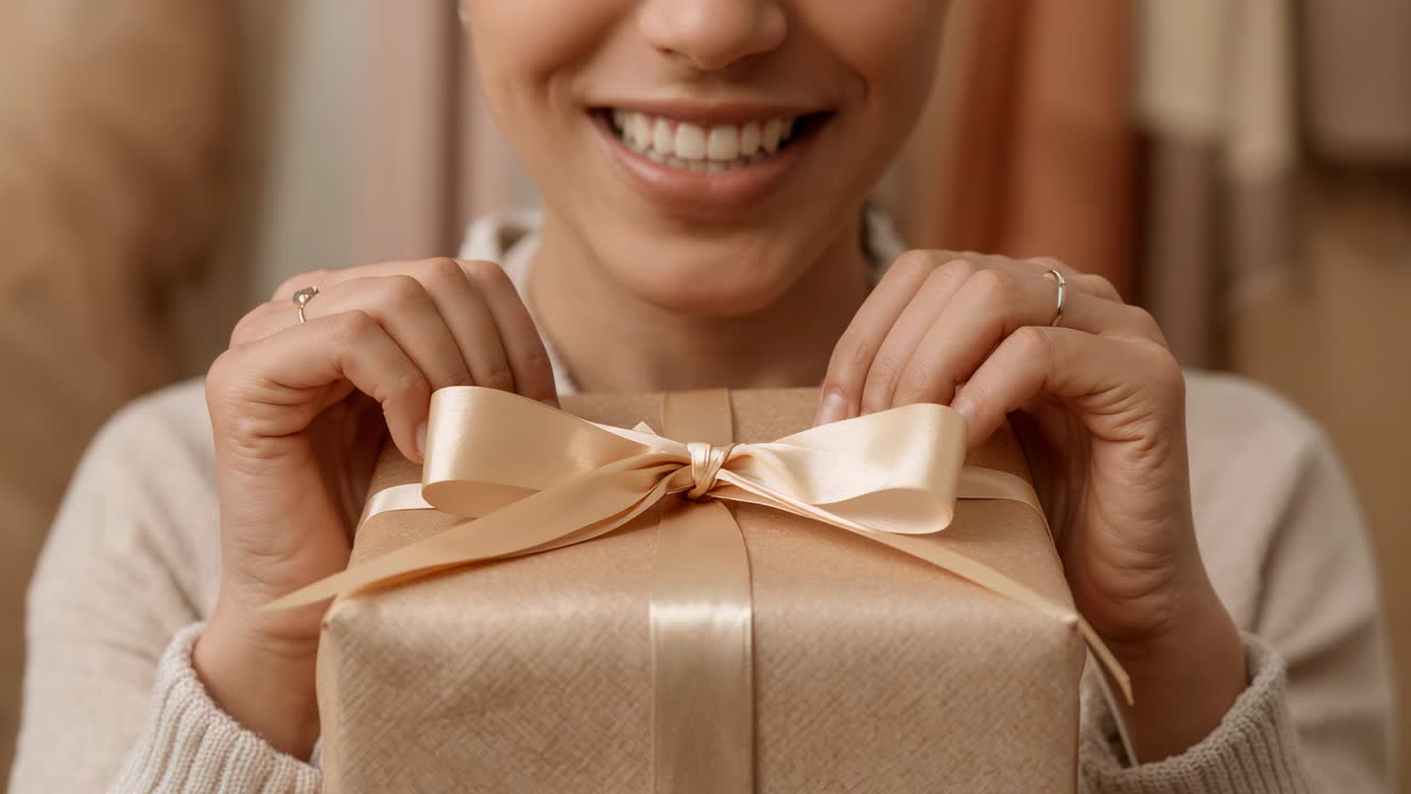 Donna sorridente con maglione color crema che allenta un nastro e presenta una confezione regalo dorata in una stanza accogliente