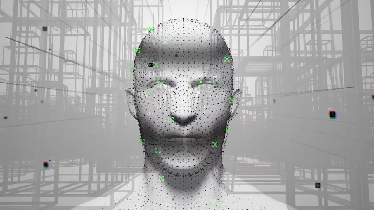 animación de iconos digitales de cabeza sobre la ciudad