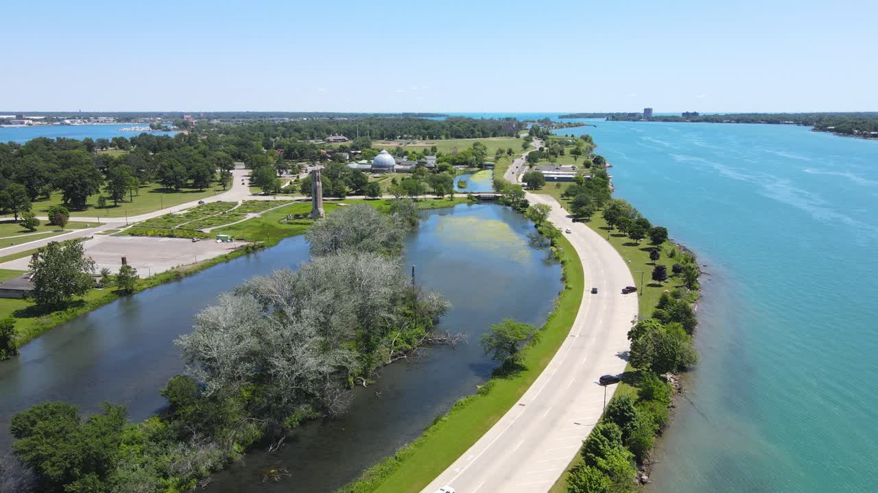 Panoramic view of Belle Isle riverside drive on Detroit River, in Detroit Michigan