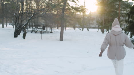 woman and dog playing in the snow