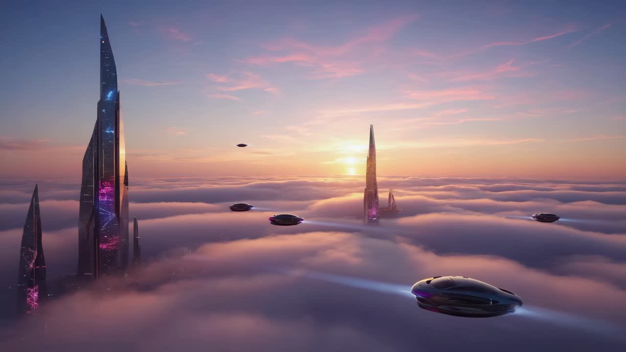 Futuristic City in the Clouds at Sunset