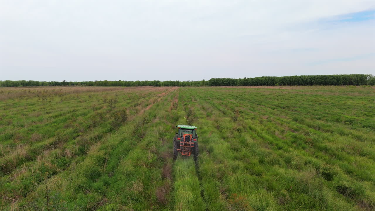 Aerial view of Tractor Applying Fertilizer on Agricultural Land, Rural Development