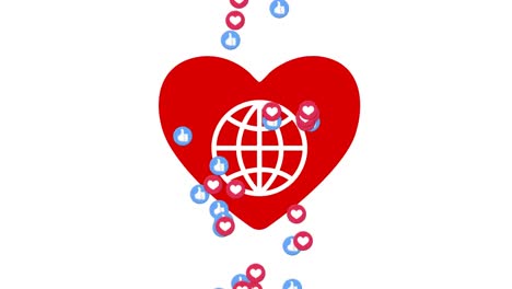 animation of heart, globe and social media reactions over white background