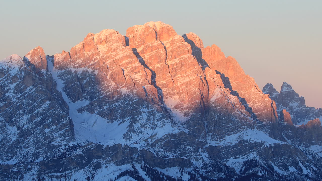 Sunset light over the high Dolomite mountains above Cortina d'Ampezzo, Italy.