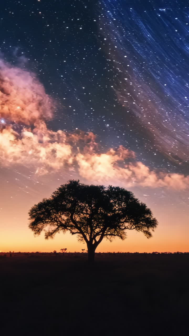 A tree stands in a field of grass with a sky full of stars. The scene is serene and peaceful, with the tree providing a sense of stability and grounding in the vastness of the sky