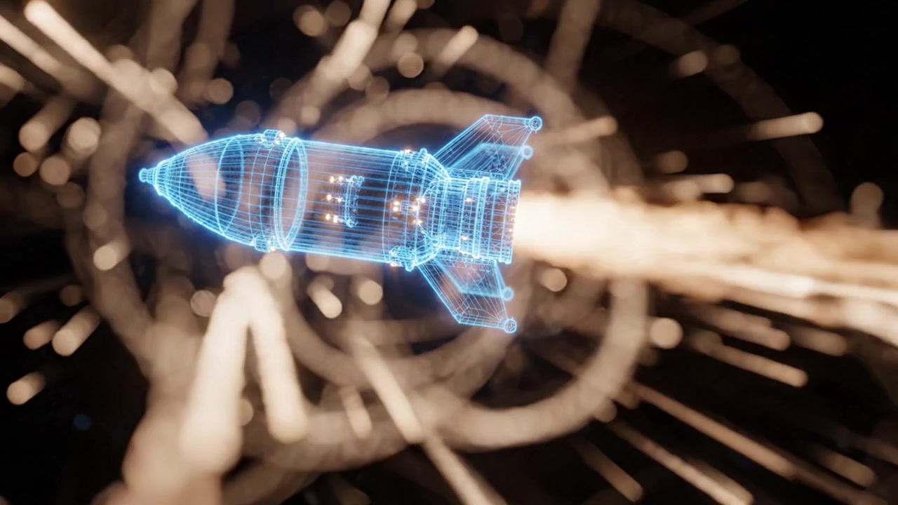 A Stunning Visual Journey of a Futuristic Rocket Launching into Space with a Blue Holographic Design Depicting Its Trail and Powerful Propulsion Effects