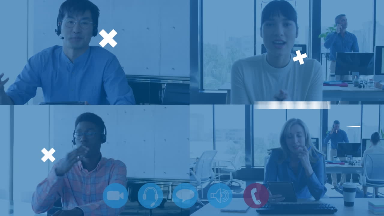 비디오 회의에서 화면에 있는 네 명의 다양한 캐주얼 비즈니스 동료에 대한 데이터 처리의 애니메이션