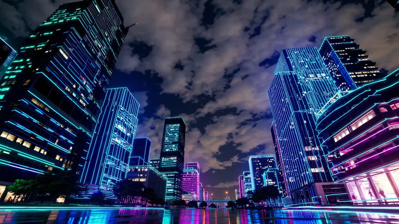 Futuristic cityscape with neon lights, viewed from a low angle