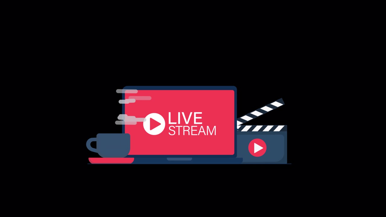 Animeret bærbar computer, der viser livestream-ikon med kaffe og klapklods