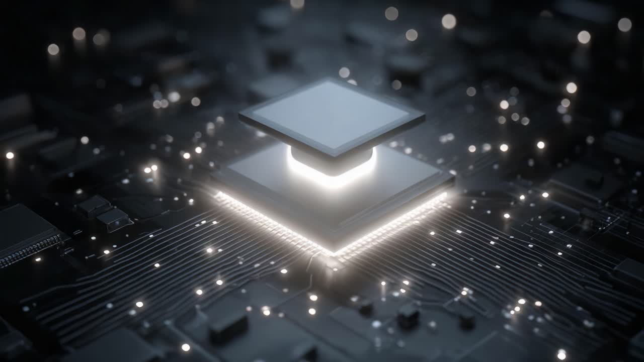 An intricate glimpse into the heart of technology, showcasing a luminous microprocessor poised above a complex circuit board brimming with vibrant electrical connections