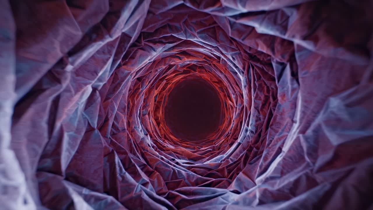 Abstract visual sequence depicting a spiraling tunnel of textured fabric, transitioning from deep red to vibrant hues, illustrating a captivating motion flow through a dynamic environment