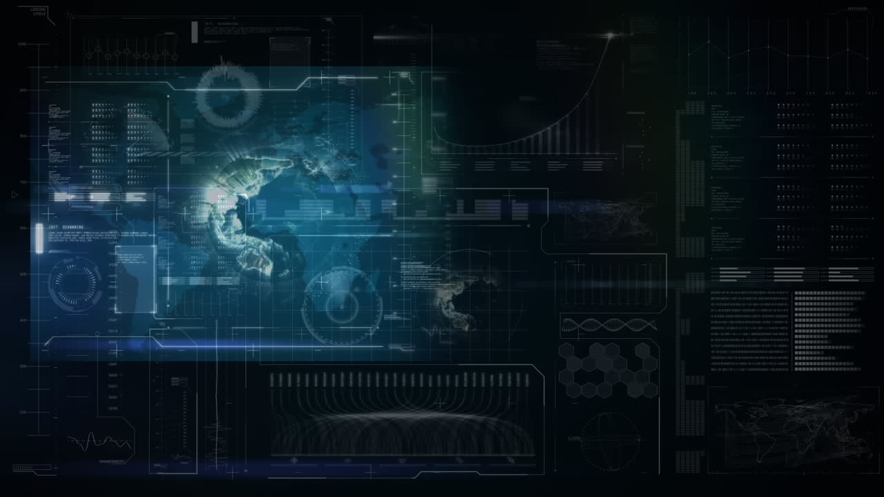 Animation of globe spinning with data processing and network of screens on black background