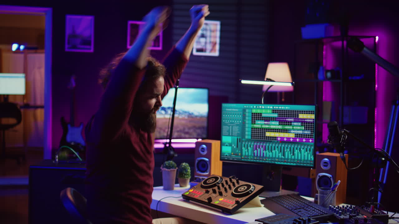 productor de música mezclando pistas individuales en un estéreo en el estudio casero