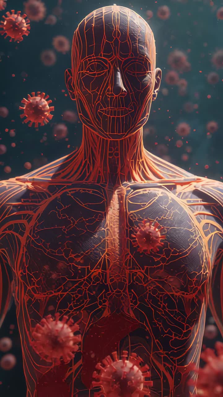 Vertical video: Zooming camera on 3D mannequin revealing glowing veins in studio, spiky particles