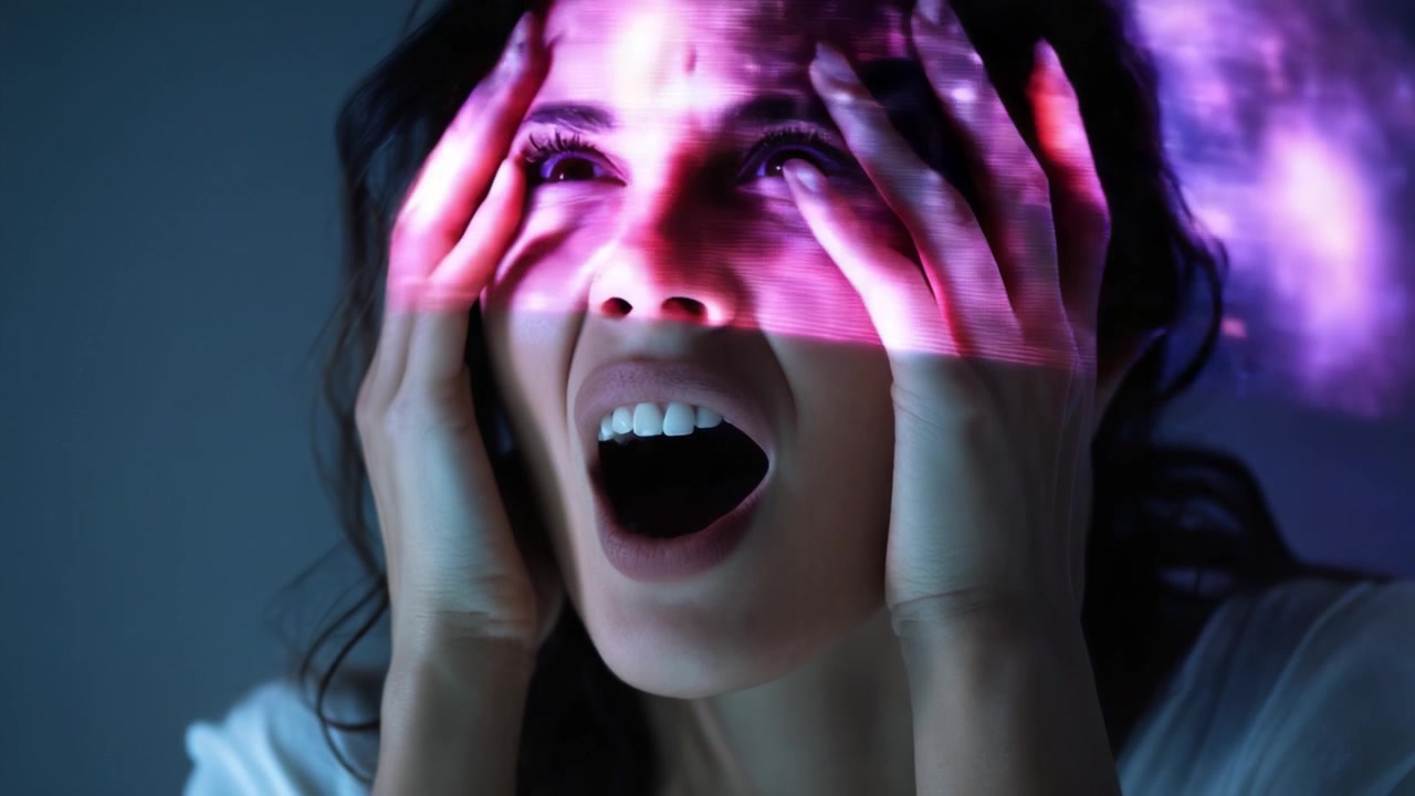 A woman expresses intense emotion with a mixture of horror and awe as colorful projections create a surreal atmosphere around her, highlighting her inner turmoil.
